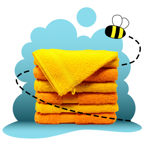 A pile of orange and yellow towels against a blue bubble background with a bee buzzing around it.