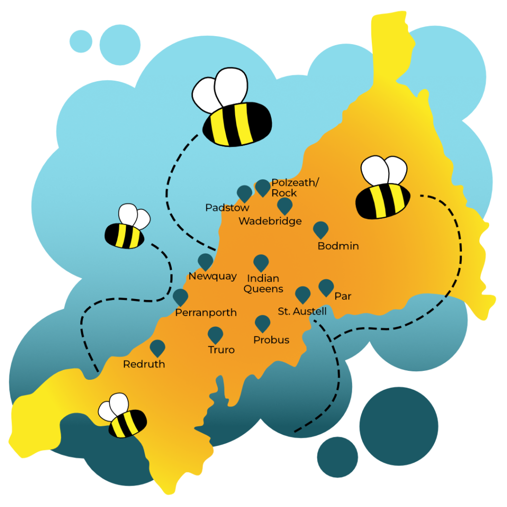 A map of Cornwall showing areas covered by Busy Bee Laundry Services